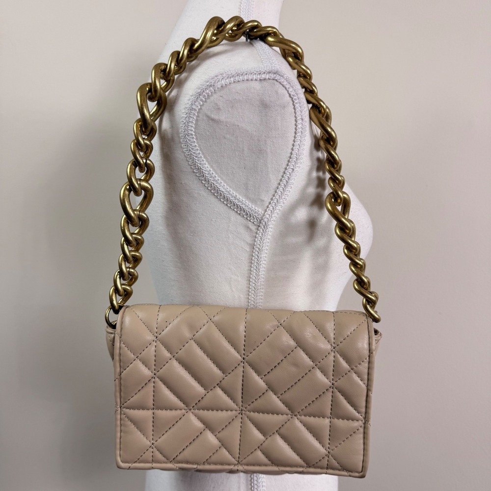 Zara Beige Quilted Shoulder Bag Chunky Gold Chain Strap Flap Closure Neutral